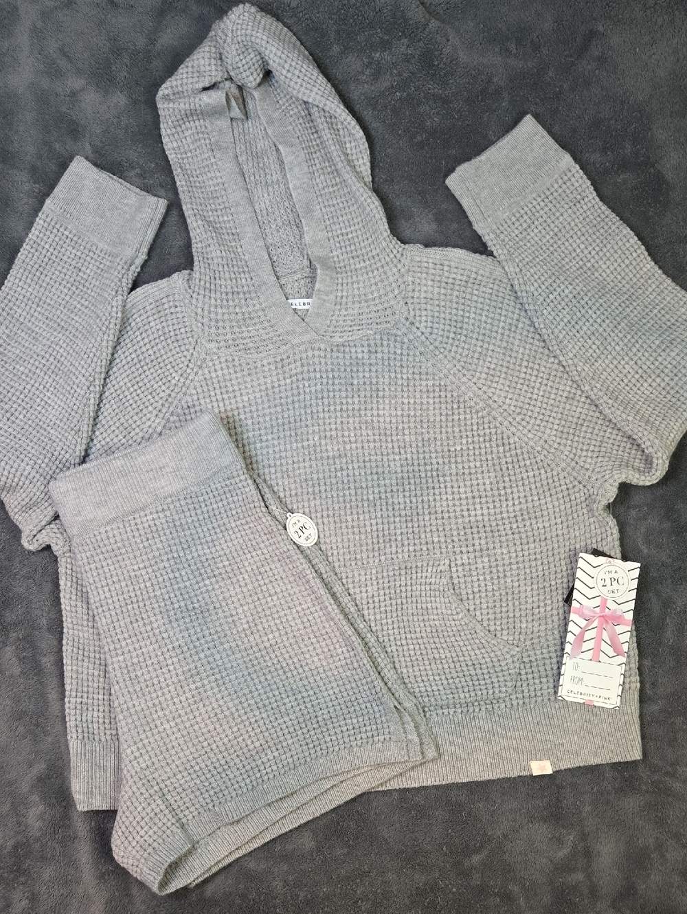 Celebrity Pink Light Gray Waffle Knit Hoodie With Short Set Sz Medium
